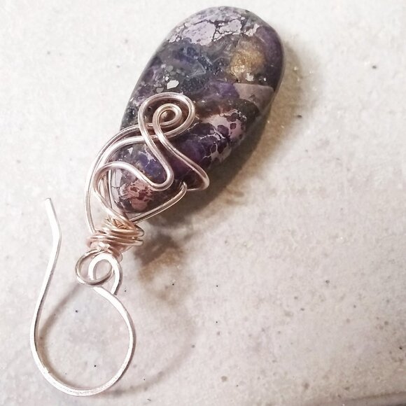 Wire Wrapped Beauties! Purple & Plum Sea Sediment Jasper Teardrop + Rose Gold - Picture 7 of 11